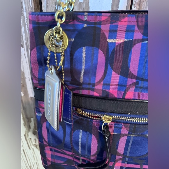 Coach Poppy Tartan C Signature Design Navy/ Pink Plaid Handbag - Picture 7 of 16